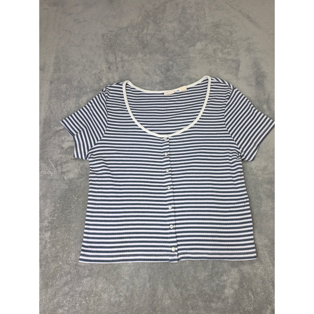 Levis Womens Ribbed Knit Striped Button Front Scoop Neck Crop Top Navy Green XL
